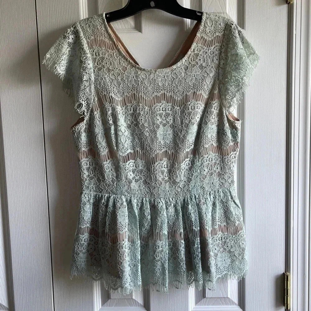 Maeve | Anthropologie | Womens Sz M Mint Green Lace Overlay Katrine Peplum Top